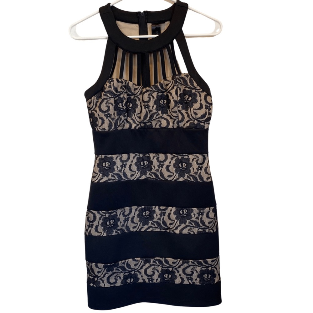 Trixxie Black and Nude Lace Striped Bodycon Dress EUC Size 9